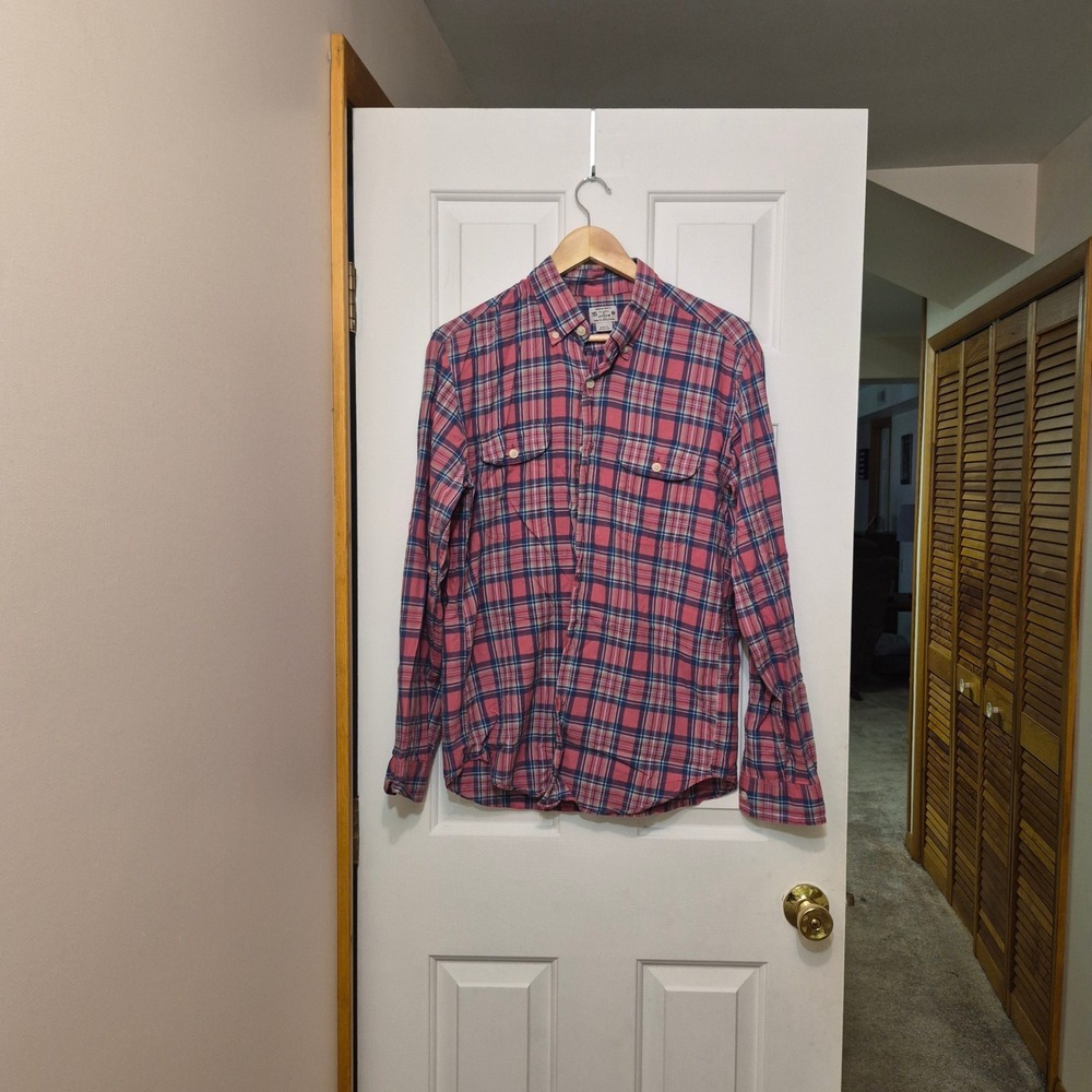 J.Crew Mens Tailored Madras Shirt Medium Pink Blue Plaid Long Sleeve Button Down